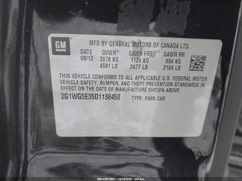 2013 Chevrolet Impala Lt VIN: 2G1WG5E35D1138450 Lot: 43972001