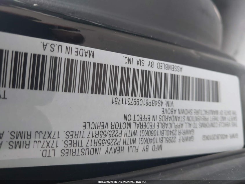 2009 Subaru Outback 2.5I VIN: 4S4BP61C997311751 Lot: 43972006