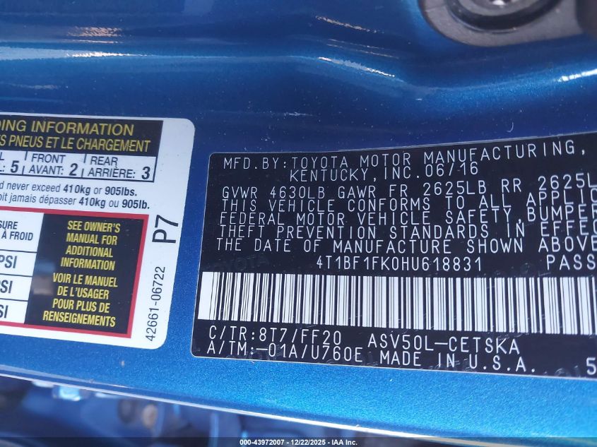 2017 Toyota Camry Se VIN: 4T1BF1FK0HU618831 Lot: 43972007