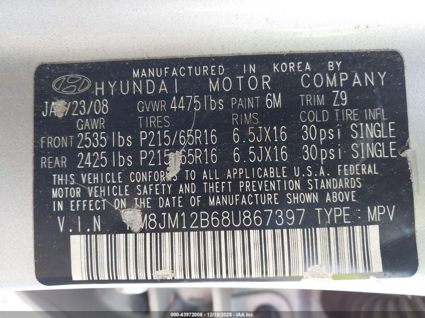 2008 Hyundai Tucson Gls VIN: KM8JM12B68U867397 Lot: 43972008