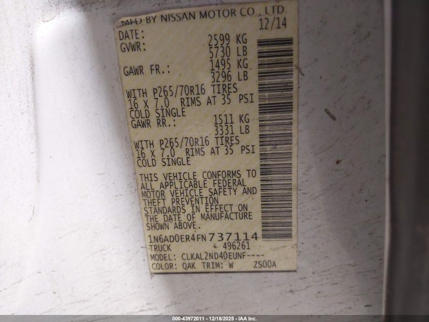 2015 Nissan Frontier Desert Runner/S/Sl/Sv VIN: 1N6AD0ER4FN737114 Lot: 43972011