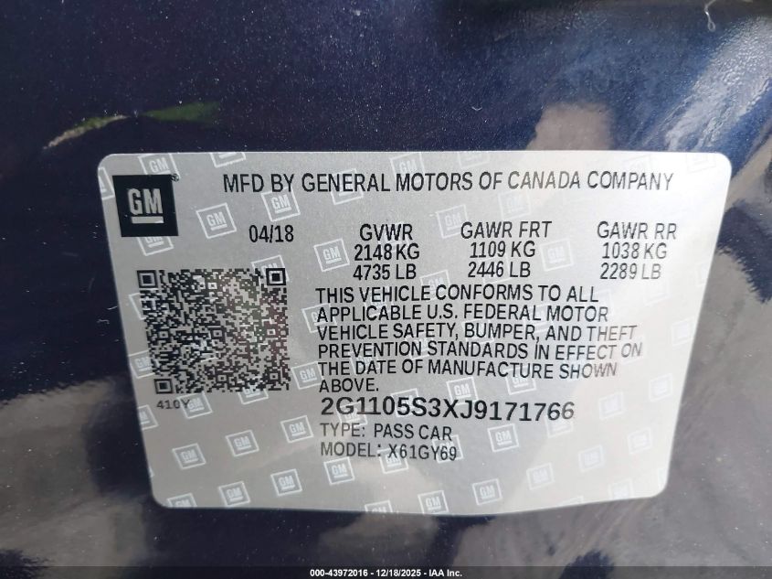 2018 Chevrolet Impala 1Lt VIN: 2G1105S3XJ9171766 Lot: 43972016