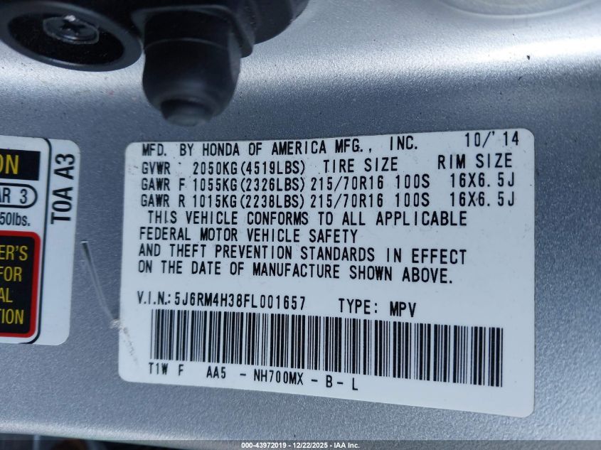 2015 Honda Cr-V Lx VIN: 5J6RM4H38FL001657 Lot: 43972019