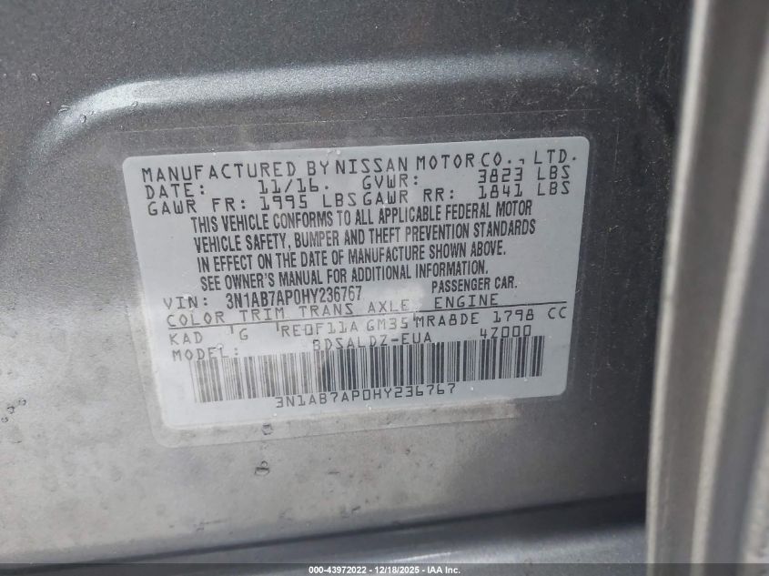 2017 Nissan Sentra Sv VIN: 3N1AB7AP0HY236767 Lot: 43972022