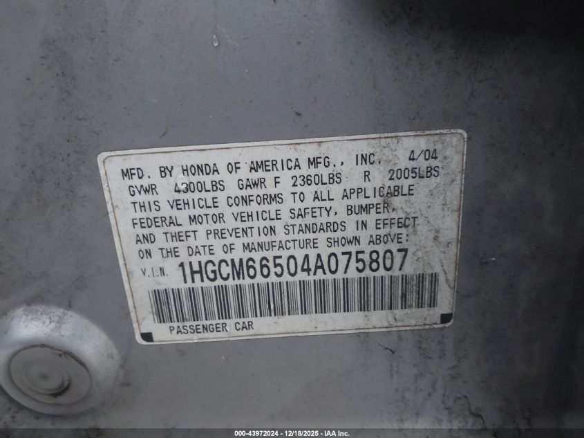2004 Honda Accord 3.0 Ex VIN: 1HGCM66504A075807 Lot: 43972024