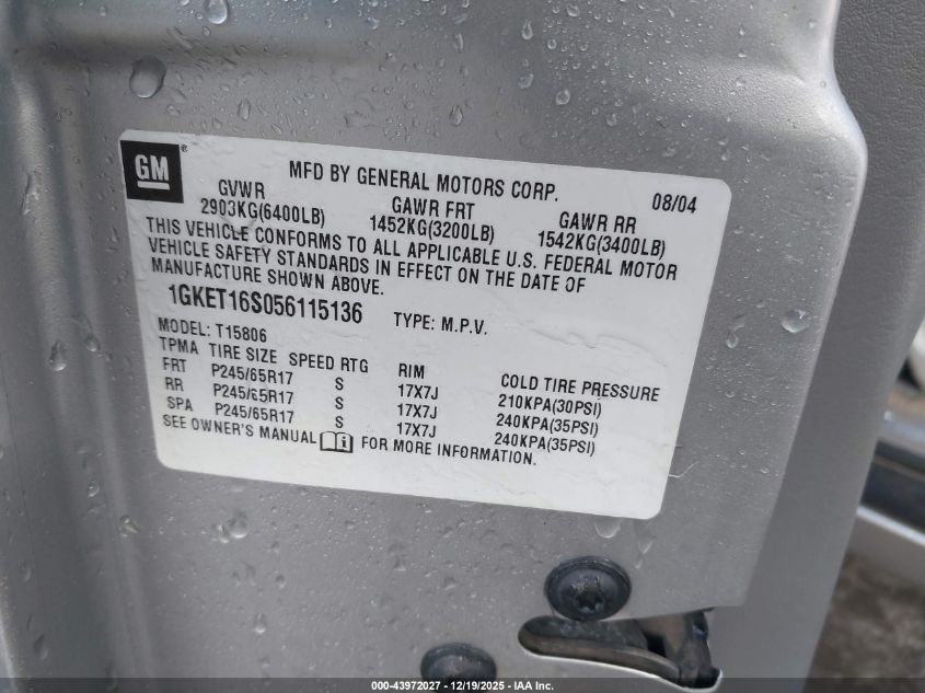 2005 GMC Envoy Xl Sle VIN: 1GKET16S056115136 Lot: 43972027
