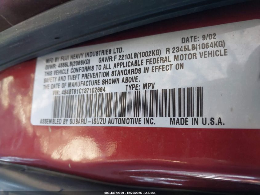 2003 Subaru Baja VIN: 4S4BT61C137102684 Lot: 43972029