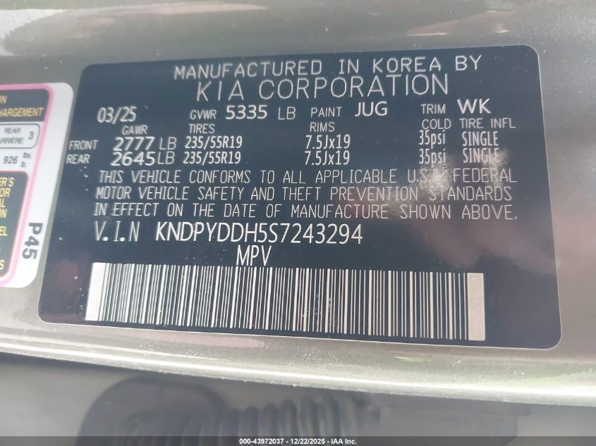 2025 Kia Sportage Plug-In Hybrid X-Line VIN: KNDPYDDH5S7243294 Lot: 43972037