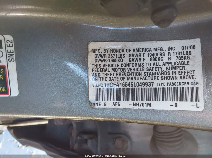 2006 Honda Civic Lx VIN: 1HGFA16546L049937 Lot: 43972038
