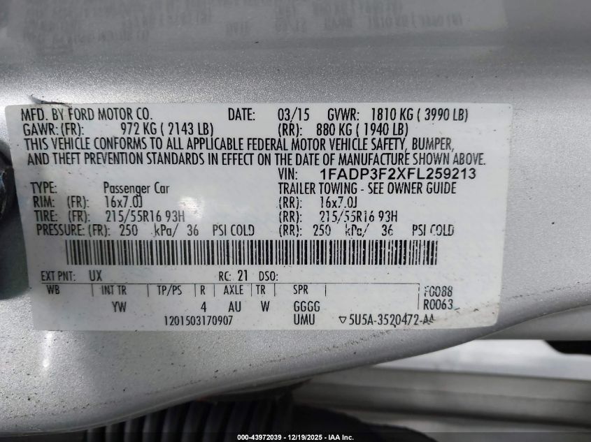 2015 Ford Focus Se VIN: 1FADP3F2XFL259213 Lot: 43972039