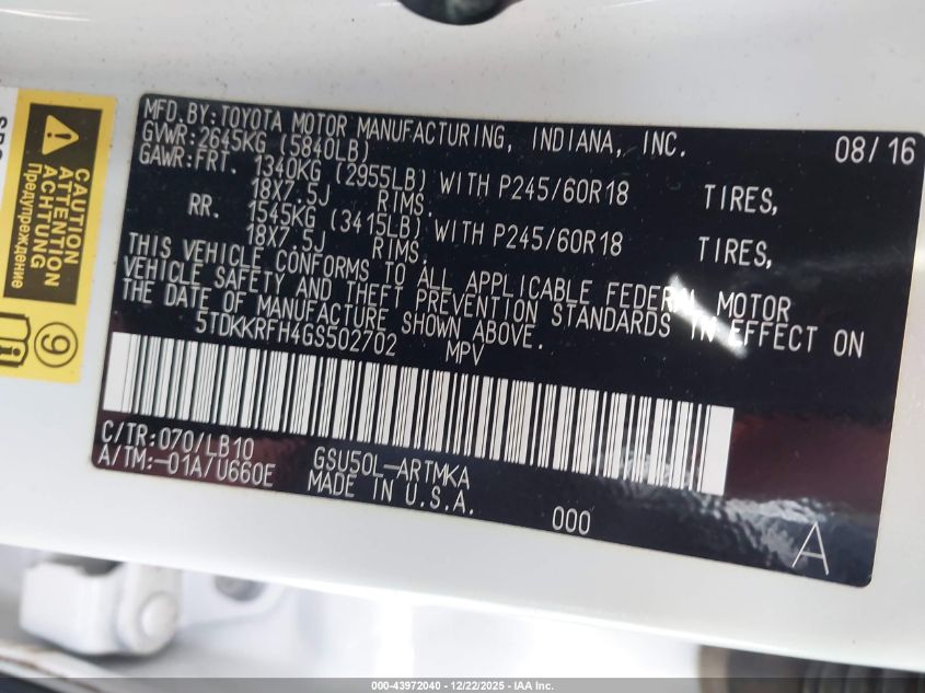 2016 Toyota Highlander Xle V6 VIN: 5TDKKRFH4GS502702 Lot: 43972040