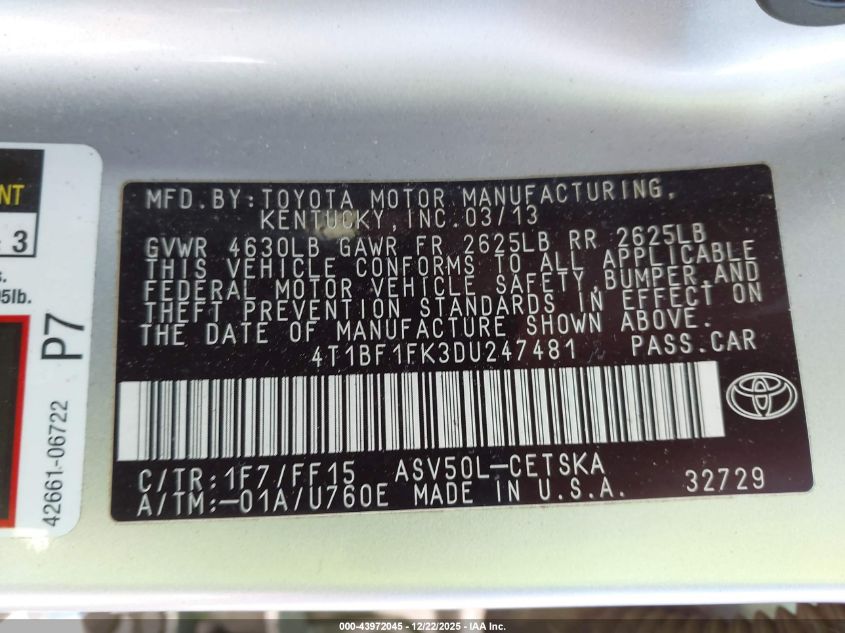 2013 Toyota Camry Se VIN: 4T1BF1FK3DU247481 Lot: 43972045