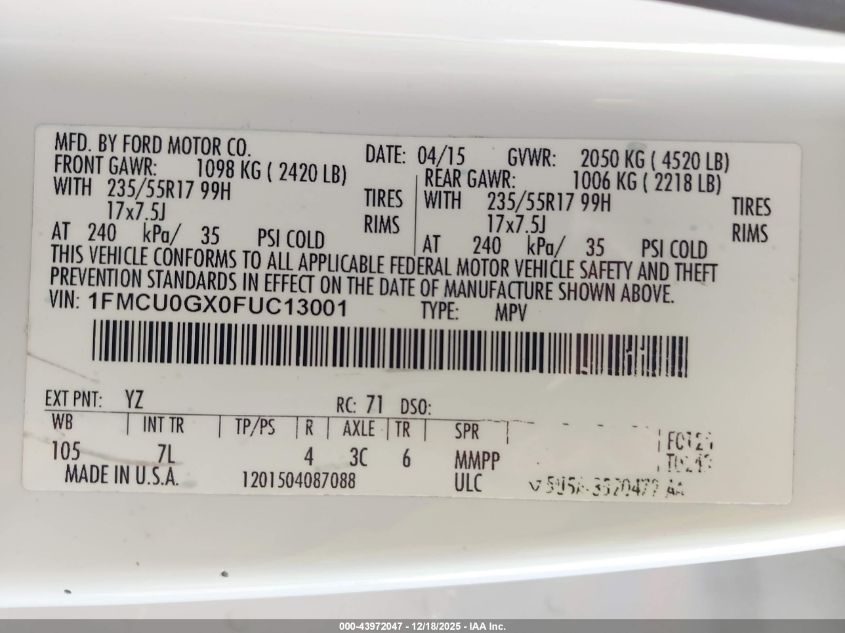 2015 Ford Escape Se VIN: 1FMCU0GX0FUC13001 Lot: 43972047