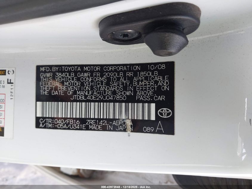 2009 Toyota Corolla Le VIN: JTDBL40E29J047850 Lot: 43972048