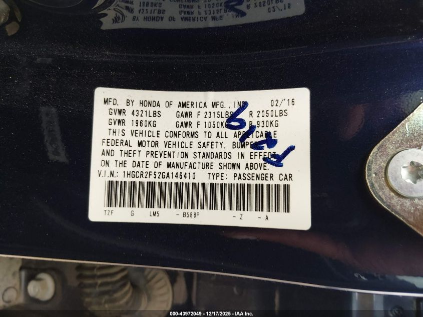 2016 Honda Accord Sport VIN: 1HGCR2F52GA146410 Lot: 43972049