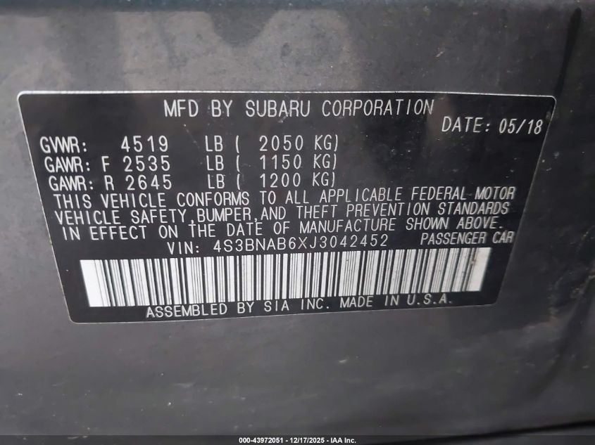 2018 Subaru Legacy 2.5I VIN: 4S3BNAB6XJ3042452 Lot: 43972051