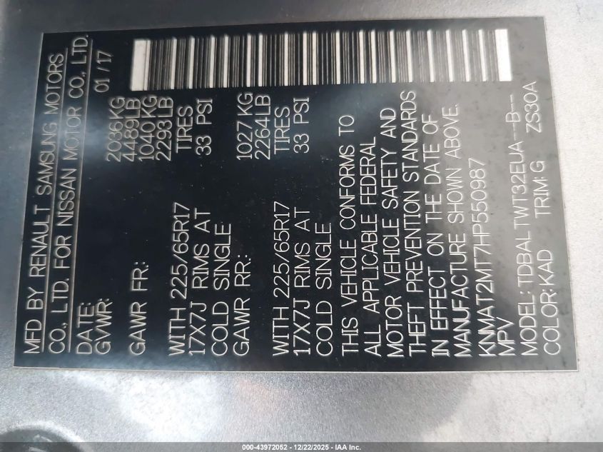 2017 Nissan Rogue Sv VIN: KNMAT2MT7HP550987 Lot: 43972052