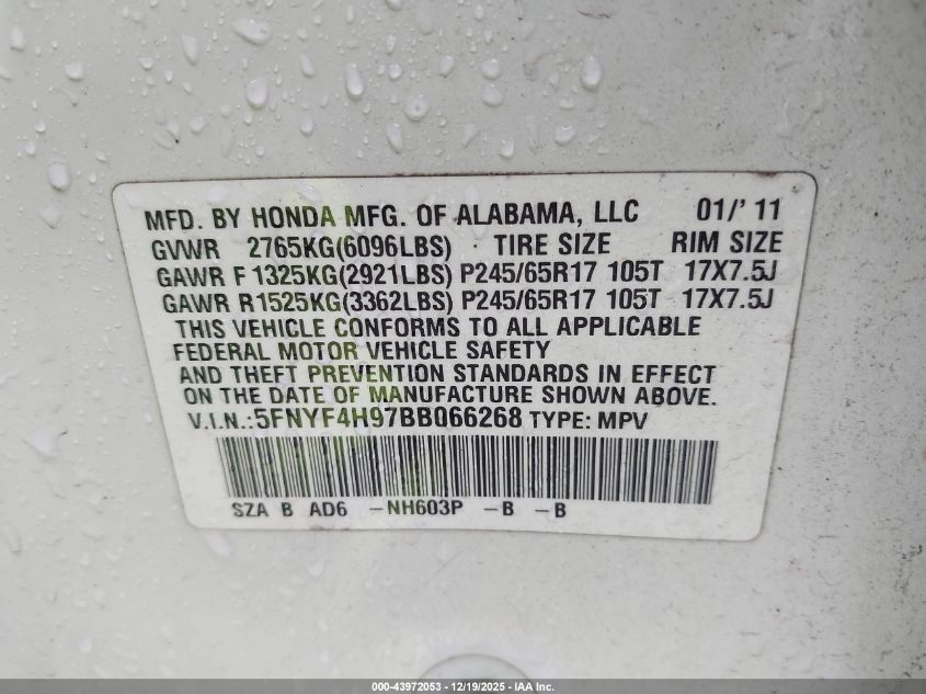2011 Honda Pilot Touring VIN: 5FNYF4H97BB066268 Lot: 43972053