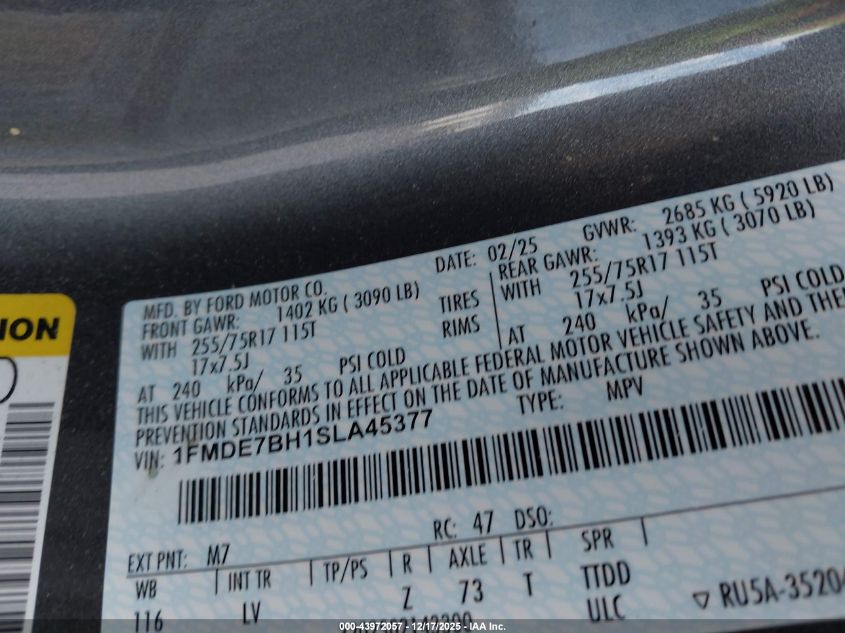 2025 Ford Bronco Big Bend VIN: 1FMDE7BH1SLA45377 Lot: 43972057