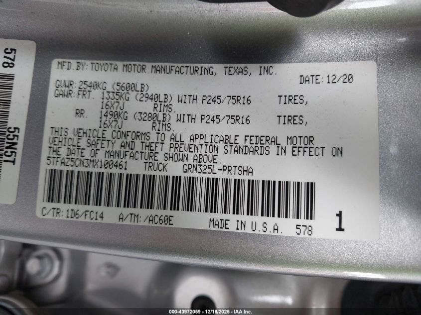 2021 Toyota Tacoma Sr5 V6 VIN: 5TFAZ5CN3MX100461 Lot: 43972059