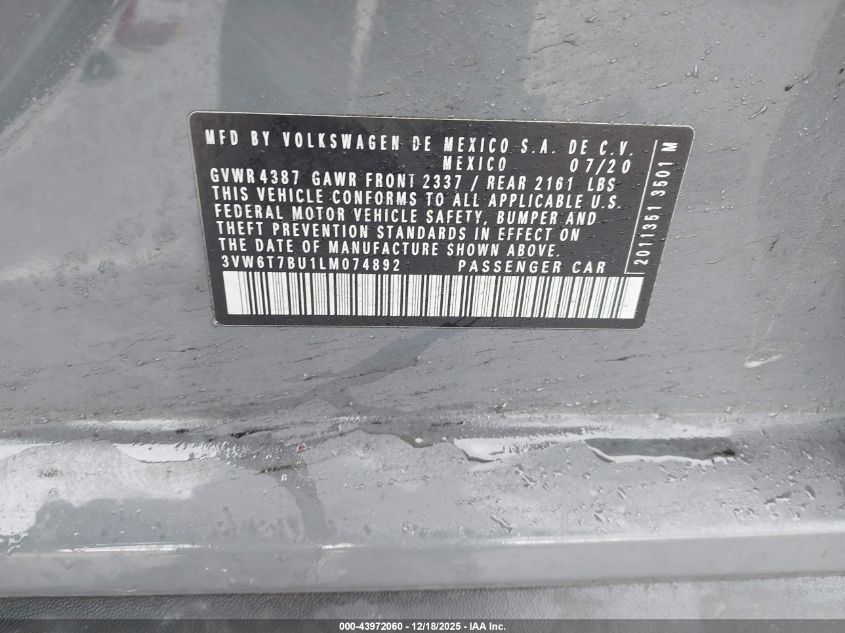 2020 Volkswagen Jetta Gli 2.0T Autobahn/2.0T S VIN: 3VW6T7BU1LM074892 Lot: 43972060