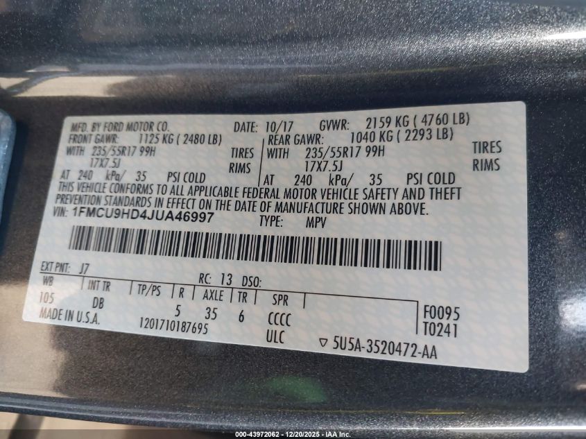 2018 Ford Escape Sel VIN: 1FMCU9HD4JUA46997 Lot: 43972062