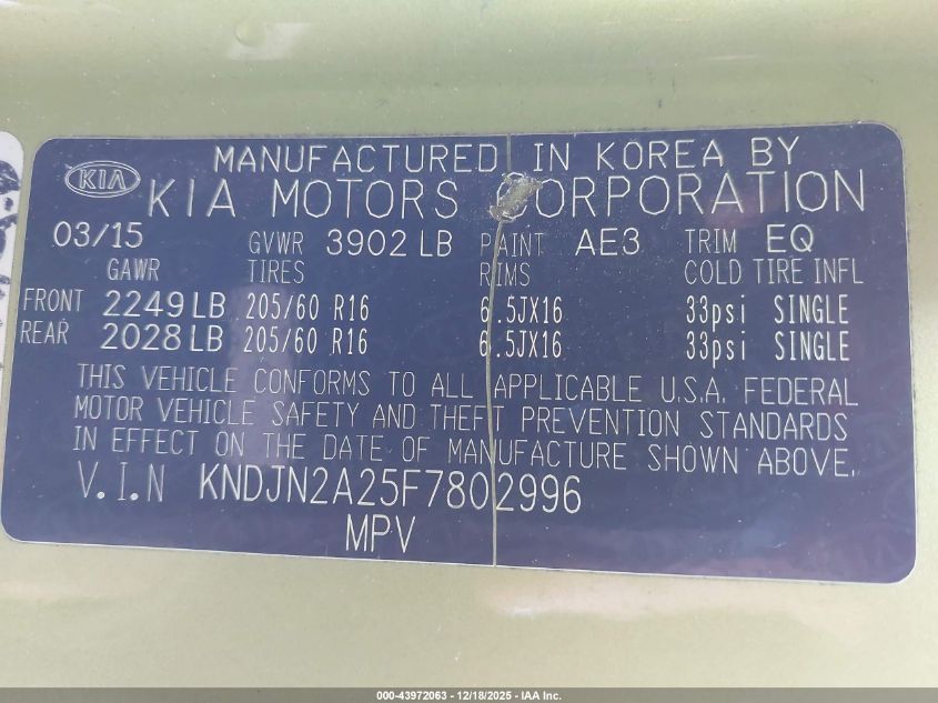2015 Kia Soul VIN: KNDJN2A25F7802996 Lot: 43972063
