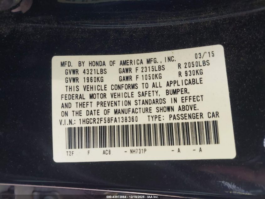 2015 Honda Accord Sport VIN: 1HGCR2F58FA138360 Lot: 43972064