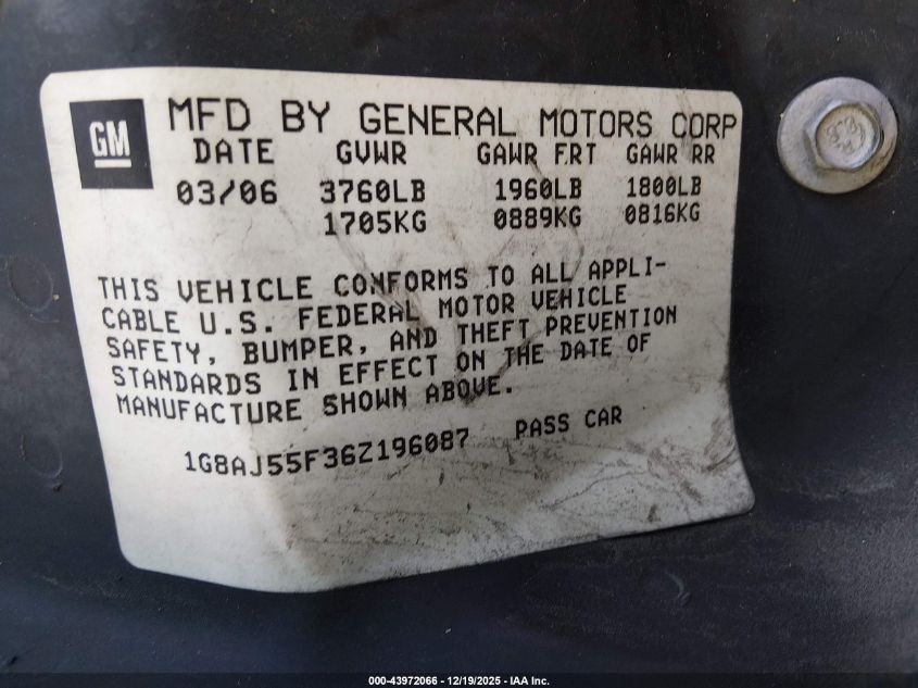 2006 Saturn Ion 2 VIN: 1G8AJ55F36Z196087 Lot: 43972066