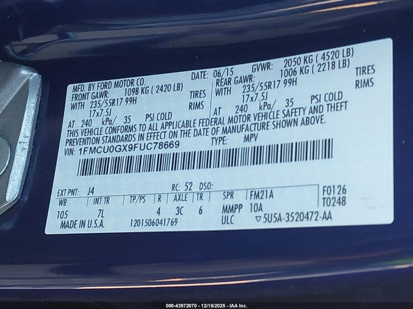 2015 Ford Escape Se VIN: 1FMCU0GX9FUC78669 Lot: 43972070