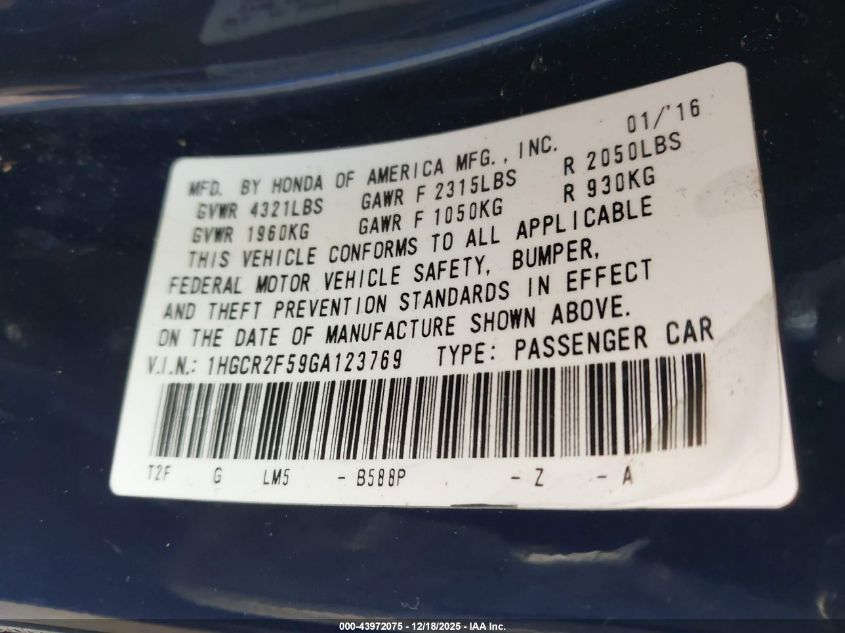 2016 Honda Accord Sport VIN: 1HGCR2F59GA123769 Lot: 43972075