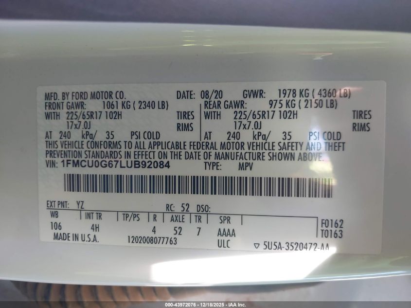 2020 Ford Escape Se VIN: 1FMCU0G67LUB92084 Lot: 43972076