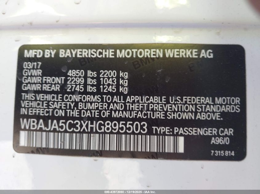 2017 BMW 530I VIN: WBAJA5C3XHG895503 Lot: 43972080