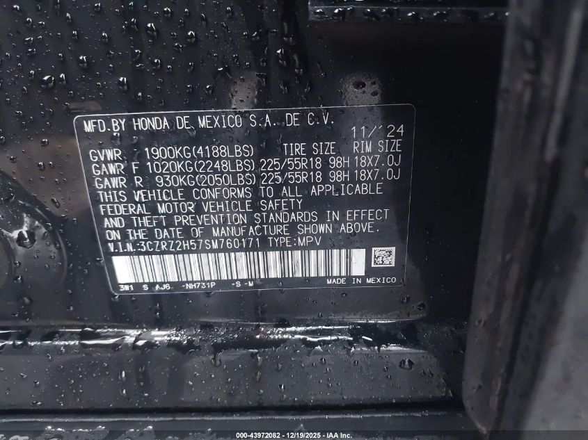 2025 Honda Hr-V Awd Sport VIN: 3CZRZ2H57SM760171 Lot: 43972082