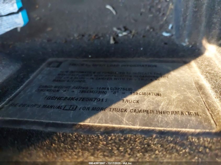 2007 Chevrolet Silverado 2500Hd Work Truck VIN: 1GCHC24K47E567911 Lot: 43972087