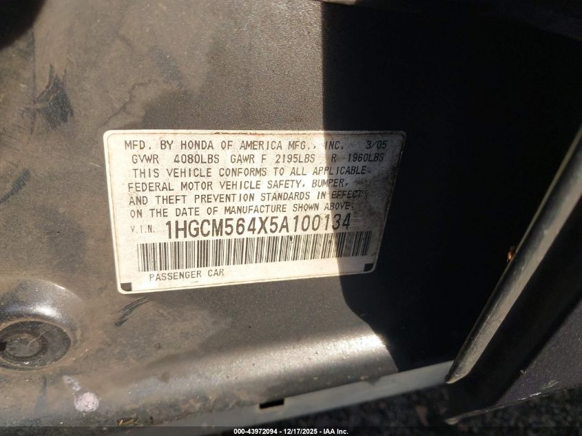 2005 Honda Accord 2.4 Lx VIN: 1HGCM564X5A100134 Lot: 43972094