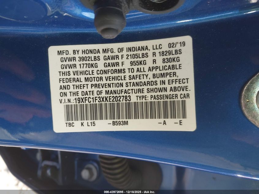 2019 Honda Civic Ex VIN: 19XFC1F3XKE202783 Lot: 43972095