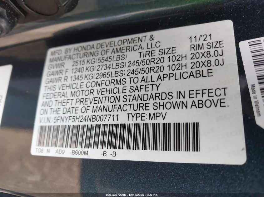 2022 Honda Pilot 2Wd Special Edition VIN: 5FNYF5H24NB007711 Lot: 43972096