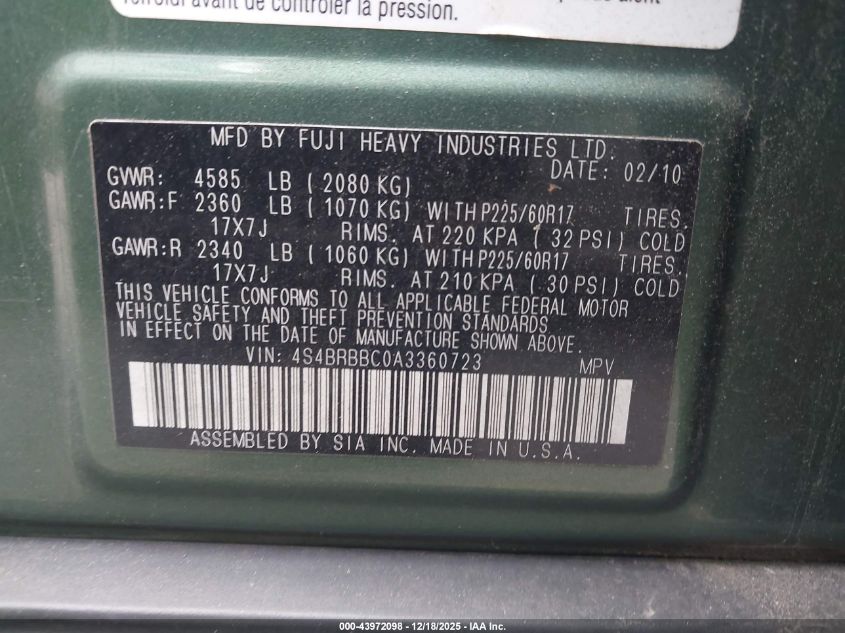 2010 Subaru Outback 2.5I Premium VIN: 4S4BRBBC0A3360723 Lot: 43972098