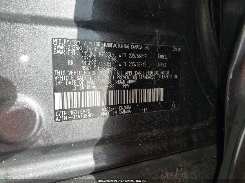 2020 Toyota Rav4 Limited VIN: 2T3N1RFV6LW105488 Lot: 43972099