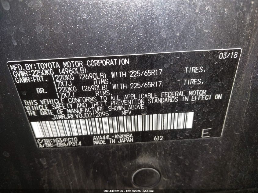 2018 Toyota Rav4 Hybrid Xle VIN: JTMRJREV0JD212095 Lot: 43972106