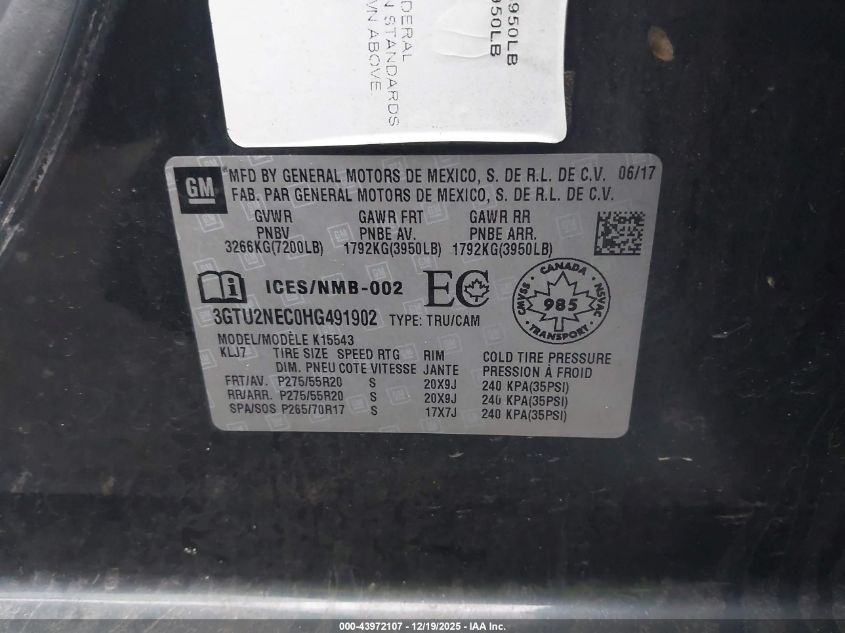 2017 GMC Sierra 1500 Slt VIN: 3GTU2NEC0HG491902 Lot: 43972107