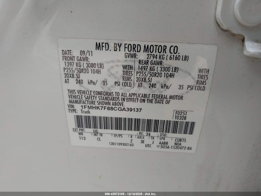 2012 Ford Explorer Limited VIN: 1FMHK7F88CGA39137 Lot: 43972109