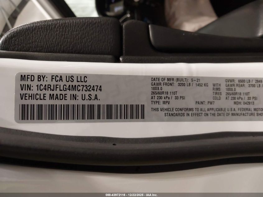 2021 Jeep Grand Cherokee Trailhawk 4X4 VIN: 1C4RJFLG4MC732474 Lot: 43972116