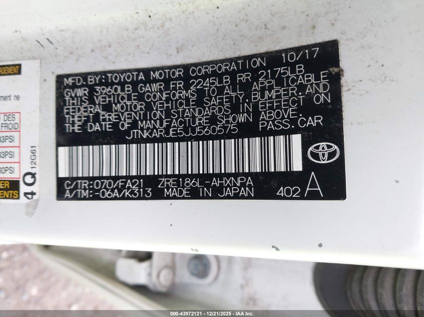 2018 Toyota Corolla Im VIN: JTNKARJE5JJ560575 Lot: 43972121