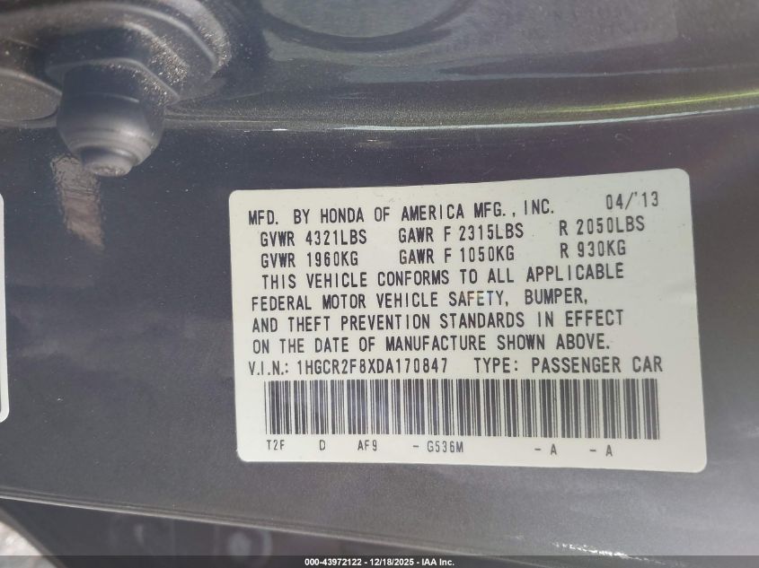 2013 Honda Accord Ex-L VIN: 1HGCR2F8XDA170847 Lot: 43972122