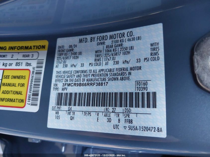 2024 Ford Bronco Sport Big Bend VIN: 3FMCR9B66RRF38817 Lot: 43972123