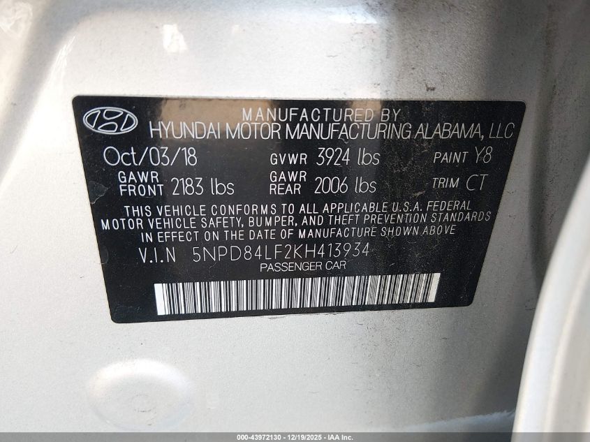 2019 Hyundai Elantra Value Edition VIN: 5NPD84LF2KH413934 Lot: 43972130