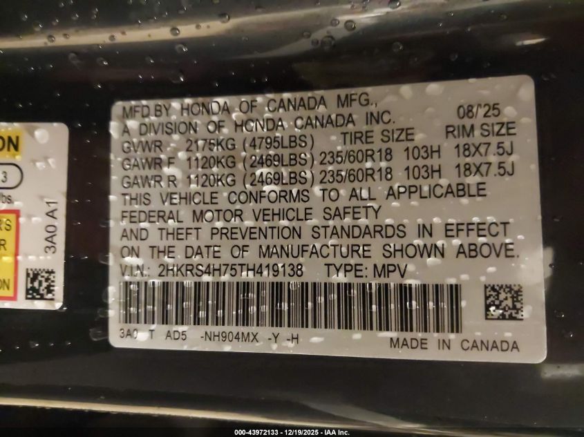 2026 Honda Cr-V Ex-L Awd VIN: 2HKRS4H75TH419138 Lot: 43972133