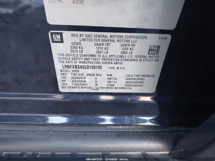 2020 Buick Envision Fwd Preferred VIN: LRBFXBSA5LD109105 Lot: 43972137